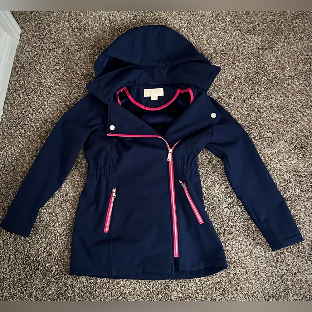 Michael Kors Big Girl's Zip Winter Jacket Hooded Softshell Navy Blue Pink